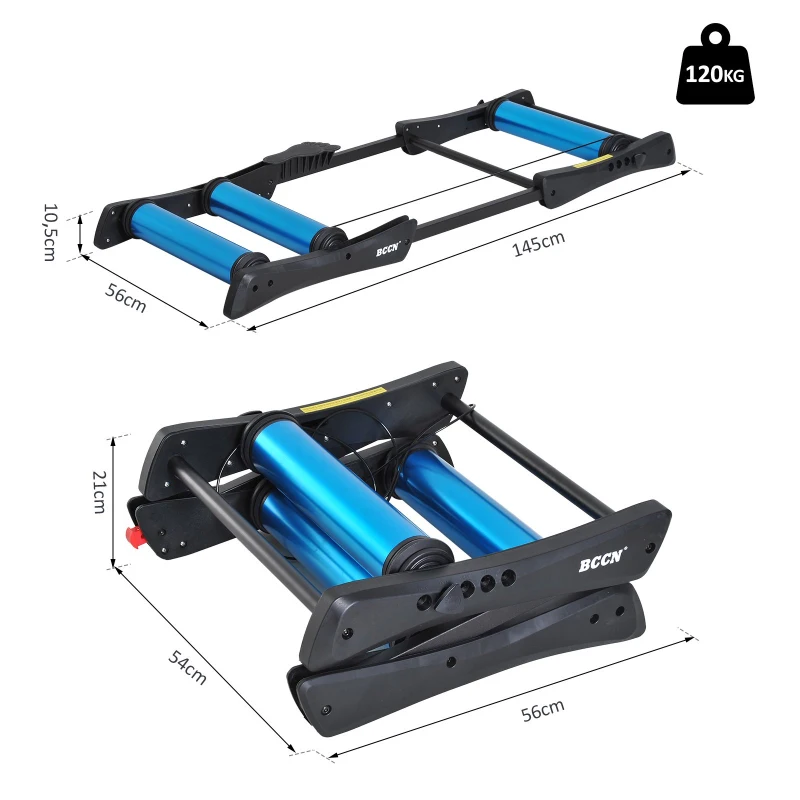 HOMCOM Home trainer rouleaux dim. 145L x 56l x 10,5H cm taille réglable pédale antidérapante aluminium noir bleu