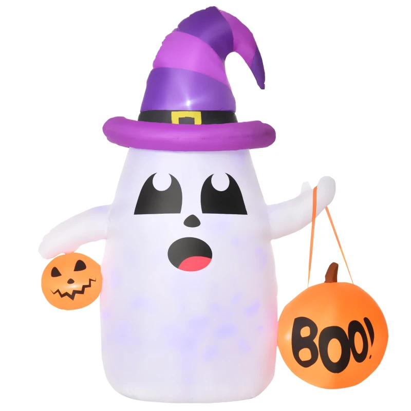 HOMCOM Décoration Halloween - fantôme Gonflable 1,8H m avec Chapeau et citrouilles - 4 lumières LED - Usage intérieur extérieur - Tissu Polyester imperméable