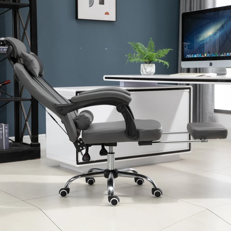 HOMCOM Fauteuil de bureau manager grand confort repose-pied tétière + coussin lombaires intégrés dossier inclinable revêtement revêtement synthétique gris foncé