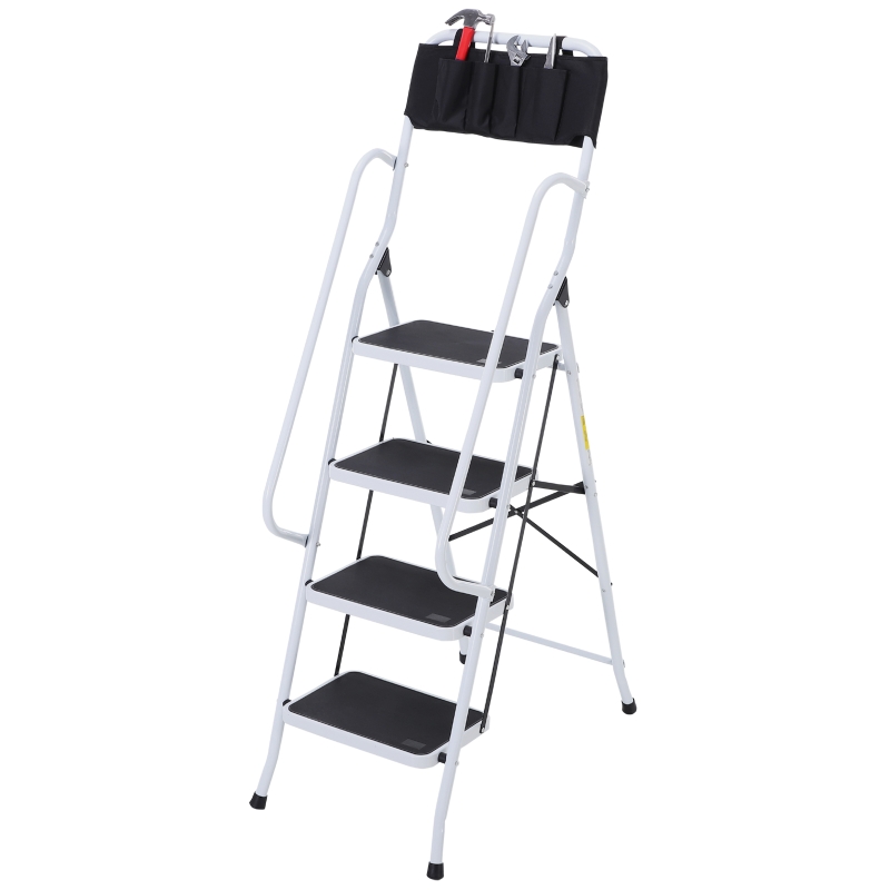 Homcom Escabeau pliable 4 marches XL antidérapantes double garde corps hauteur max. 1,55 m charge max. 150 Kg pochette outils intégrée acier blanc noir