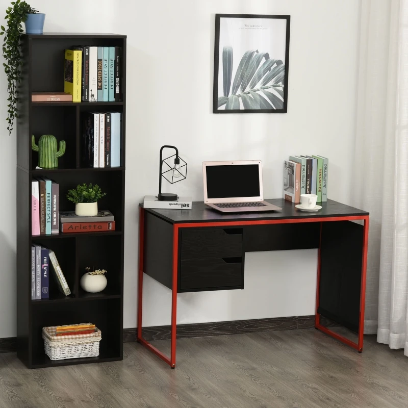 HOMCOM Bureau gaming bureau gamer bureau informatique 2 tiroirs 4 poches latérales métal rouge panneaux particules noir