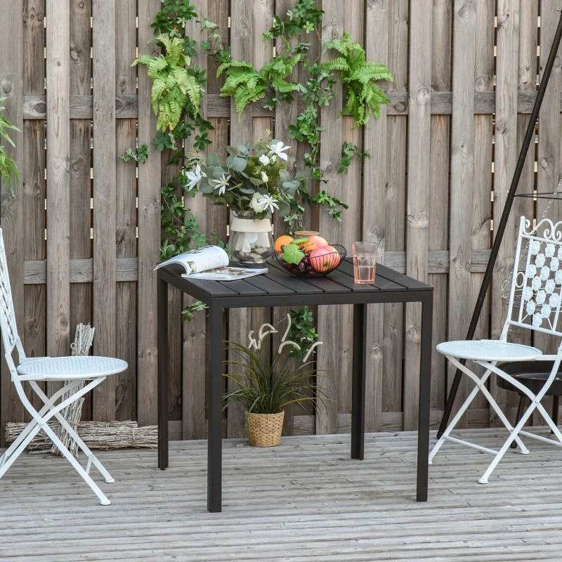 Outsunny Table carrée Bistro de Jardin dim. 78L X 78l x 74H cm châssis métal époxy Plateau PE à Lattes Imitation Bois Noir