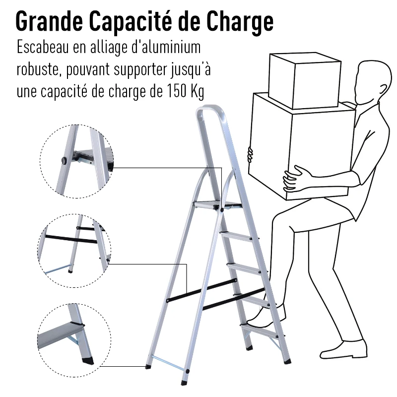 HOMCOM Escabeau de sécurité pliant antidérapant hauteur max. 166 cm charge max. 150 Kg aluminium