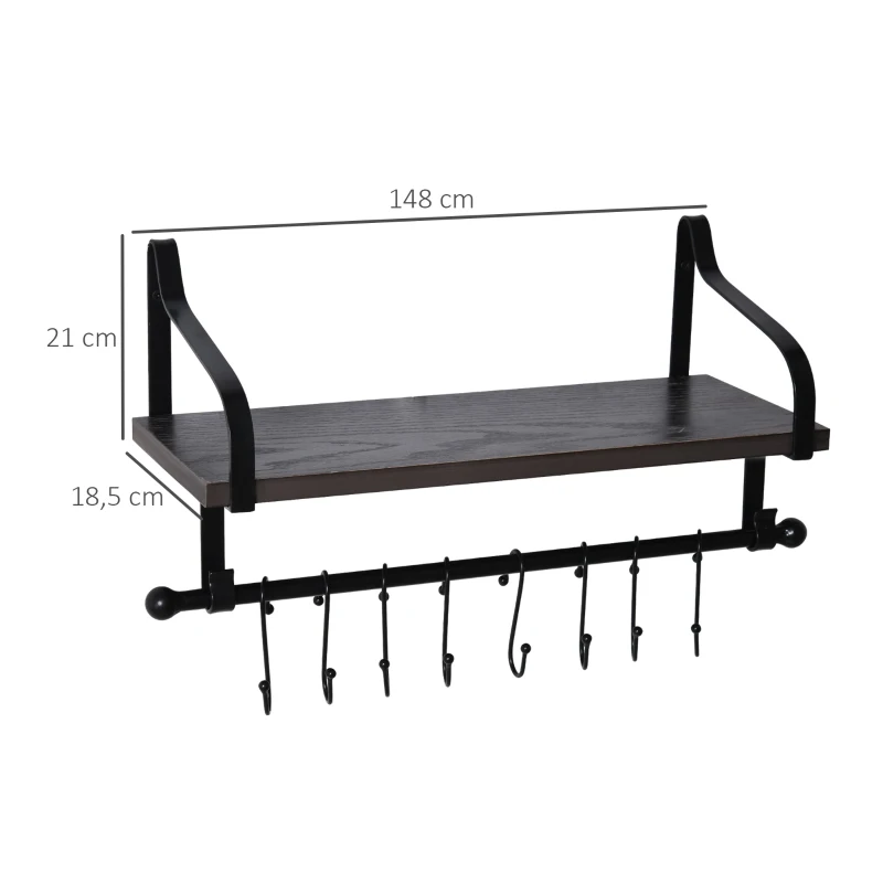 HOMCOM Étagère murale flottante en bois de sapin et métal - étagère de cuisine à ustensiles - 8 crochets amovibles - gris noir