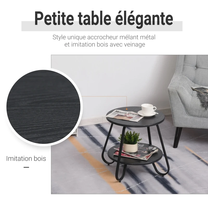 Table basse bout de canapé design néo-rétro 2 niveaux métal aspect bois