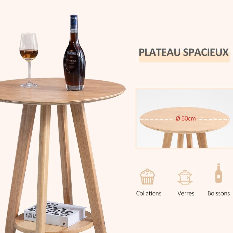 HOMCOM Table de Bar Ronde Style Naturel Chic - étagère intégré - Ø60 x 100 cm - Bois Massif Eucalyptus contreplaqué