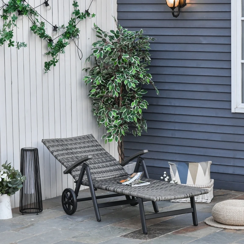 Transat bain de soleil pliable style colonial inclinaison réglable multipositions accoudoirs roues résine tressée grise