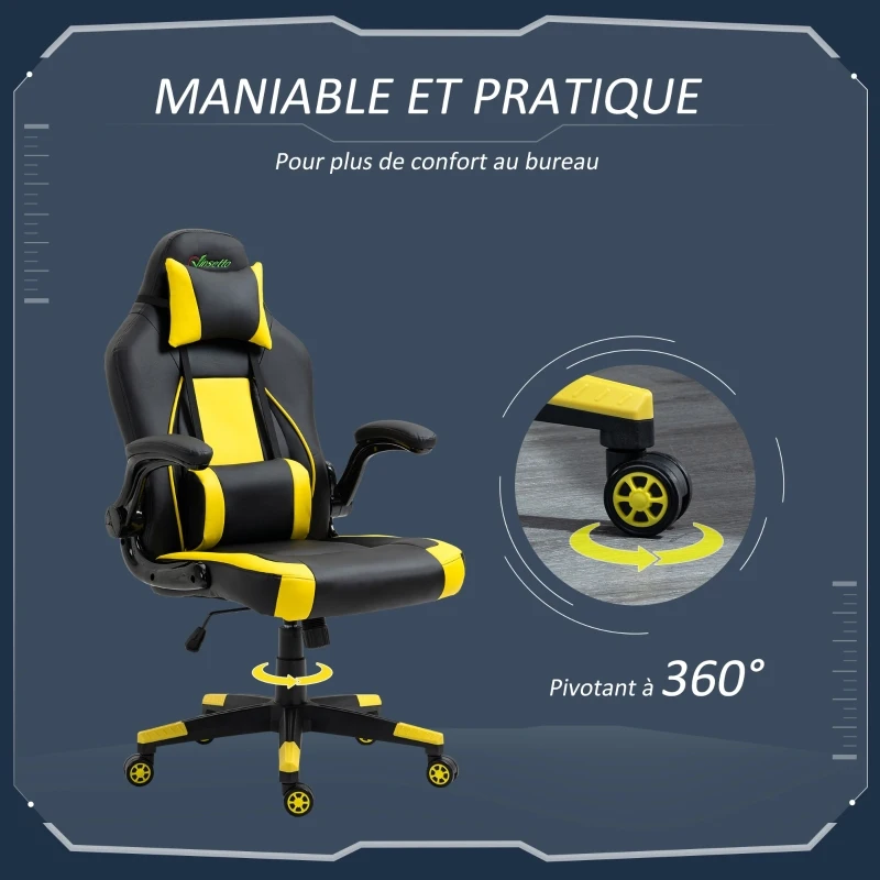 Vinsetto Fauteuil gamer chaise gaming style baquet racing fauteuil pivotant 360° basculant accoudoirs rembourrés relevables coussin lombaire tétière amovibles inclus revêtement synthétique noir jaune