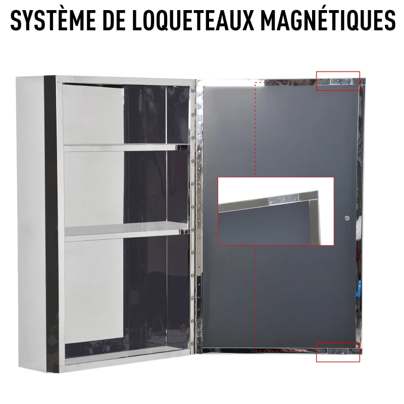 HOMCOM Armoire miroir murale de salle de bain acier inoxydable 3 niveaux de rangement 50L x 13l x 40H cm