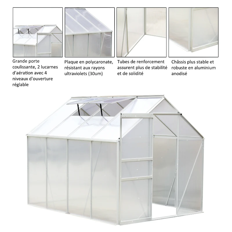 Outsunny Serre de jardin aluminium polycarbonate 9,17 m³ 2,5L x 1,9l x 1,93H m avec fenêtres et porte coulissante
