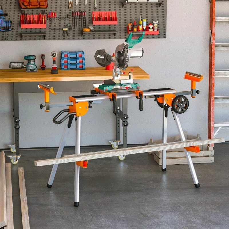 DURHAND Support pour scie à onglet pliable avec extensions longeur hauteur réglables supports pour bois plateaux outils intégrés aluminium métal 109-167 x 74 x 84,5-95,5 cm orange et noir