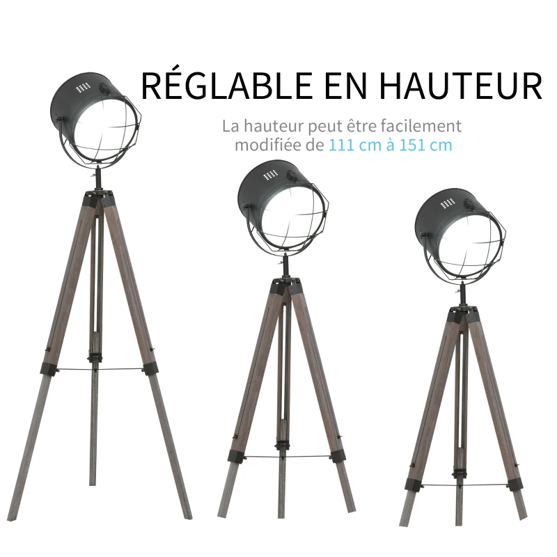 HOMCOM Lampadaire trépied projecteur Style Industriel néo-rétro Hauteur réglable 63l x 63P x 111-151H cm Bois gris métal noir