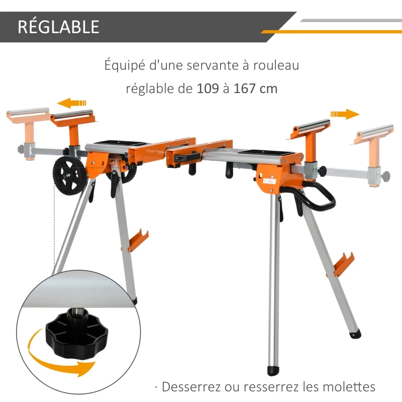 DURHAND Support pour scie à onglet pliable avec extensions longeur hauteur réglables supports pour bois plateaux outils intégrés aluminium métal 109-167 x 74 x 84,5-95,5 cm orange et noir
