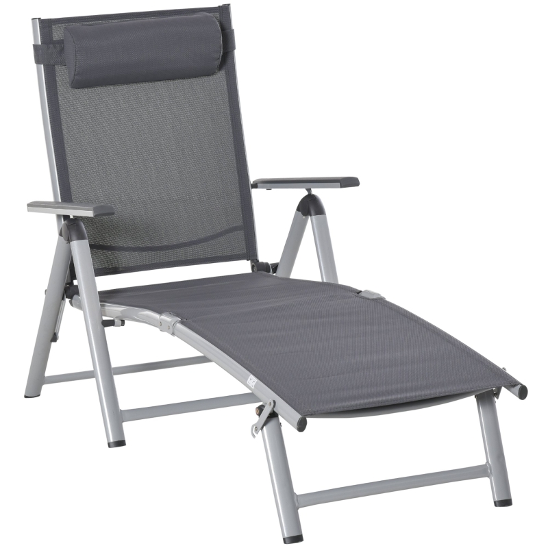 Transat pliable dossier inclinable multi-positions têtière alu. textilène gris