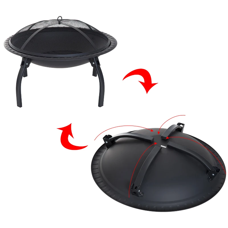 Outsunny brasero boule de feu cheminée foyer extérieur 71L x 71l x 42H cm pieds rétractables grille à charbon couvercle tisonnier métal noir