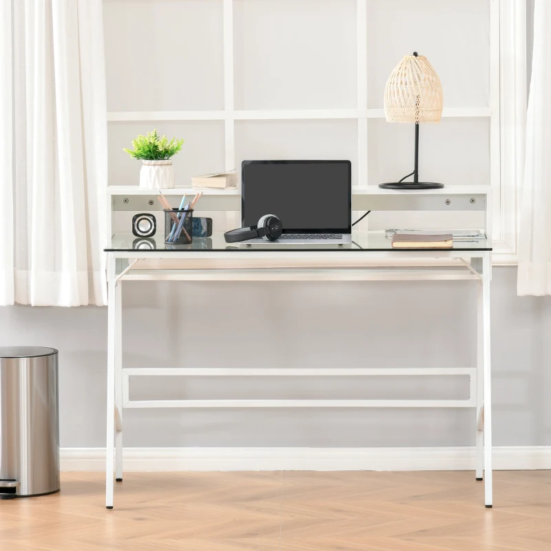 HOMCOM Bureau informatique bureau secrétaire en verre multimédia contemporain 2 étagères arrières cadre en métal blanc
