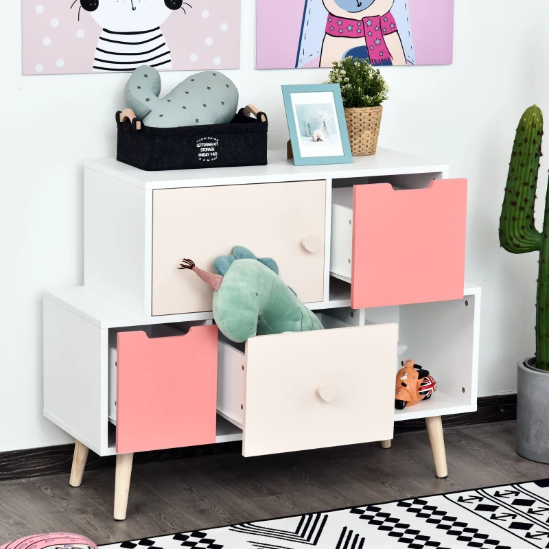 HOMCOM Meuble de rangement pour enfant - commode scandinave - 3 tiroirs - placard - niche - dim. 105L x 40l x 81H cm - MDF blanc rose bois massif pin