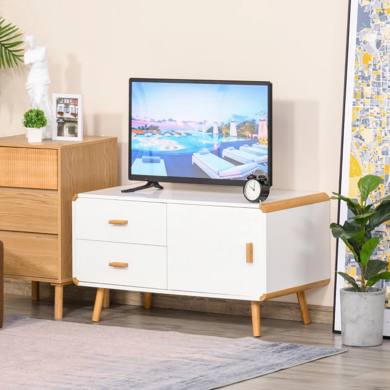 HOMCOM Meuble TV Bas sur Pieds Style scandinave 2 tiroirs et Placard MDF Blanc Bois Massif Bambou