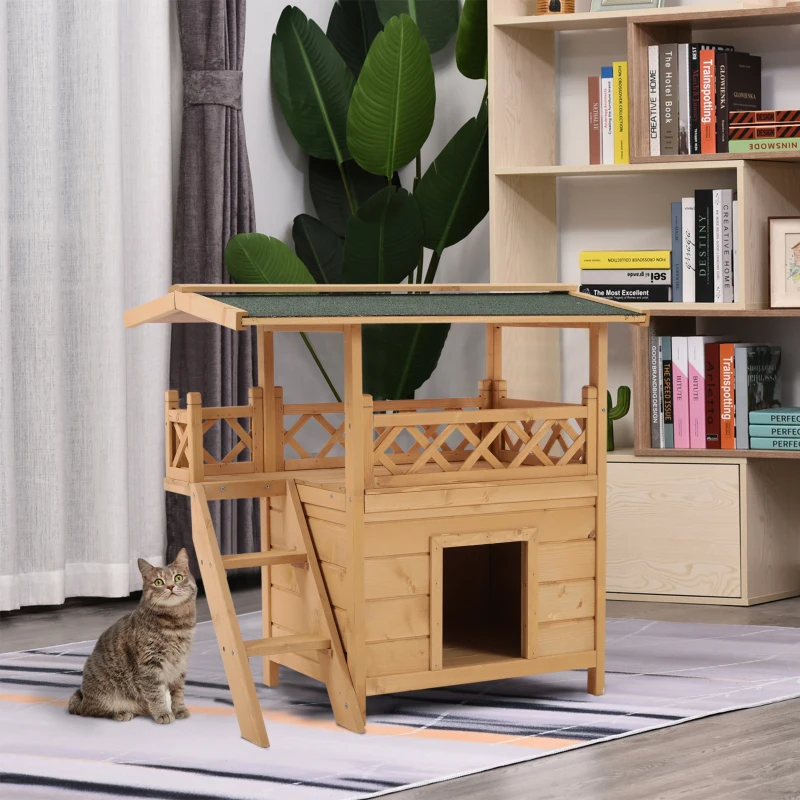 PawHut Maison lodge pour chats sauvage errants - niche villa avec terrasse, escalier, toit pour chien chat - 77 x 50 x 73 cm - naturel et vert
