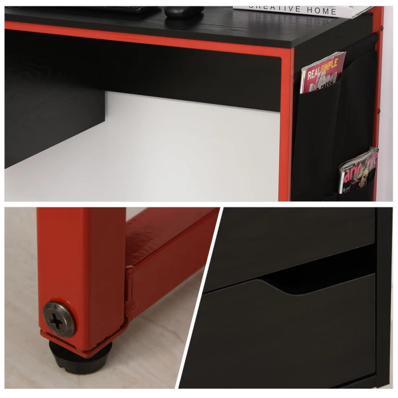 HOMCOM Bureau gaming bureau gamer bureau informatique 2 tiroirs 4 poches latérales métal rouge panneaux particules noir