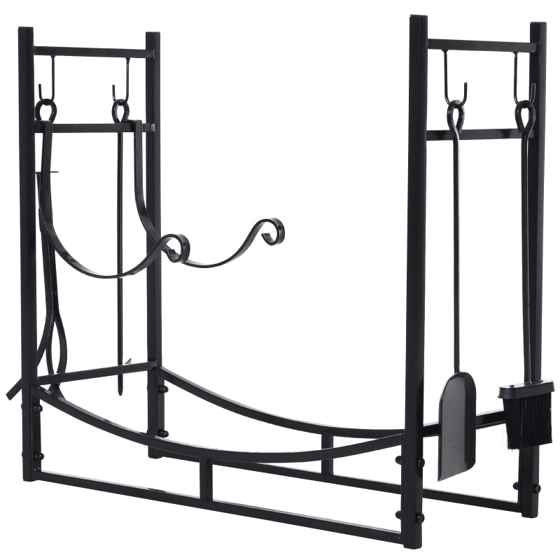 Outsunny Serviteur de cheminée - porte bûches - range bûches multi accessoires étagère bûche et petit bois acier noir
