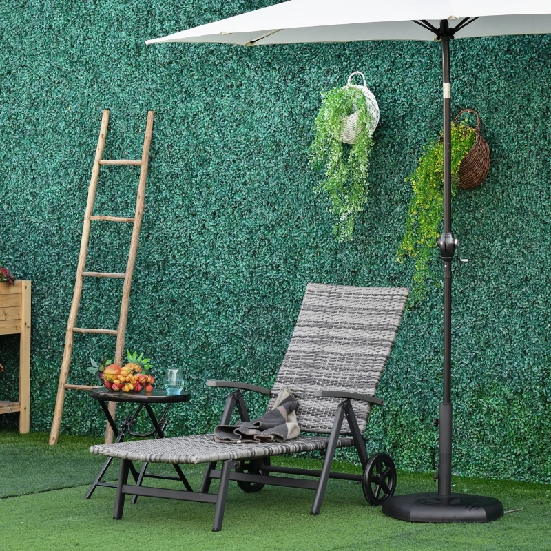 Transat bain de soleil pliable style colonial inclinaison réglable multipositions accoudoirs roues résine tressée grise