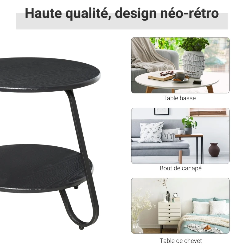 Table basse bout de canapé design néo-rétro 2 niveaux métal aspect bois