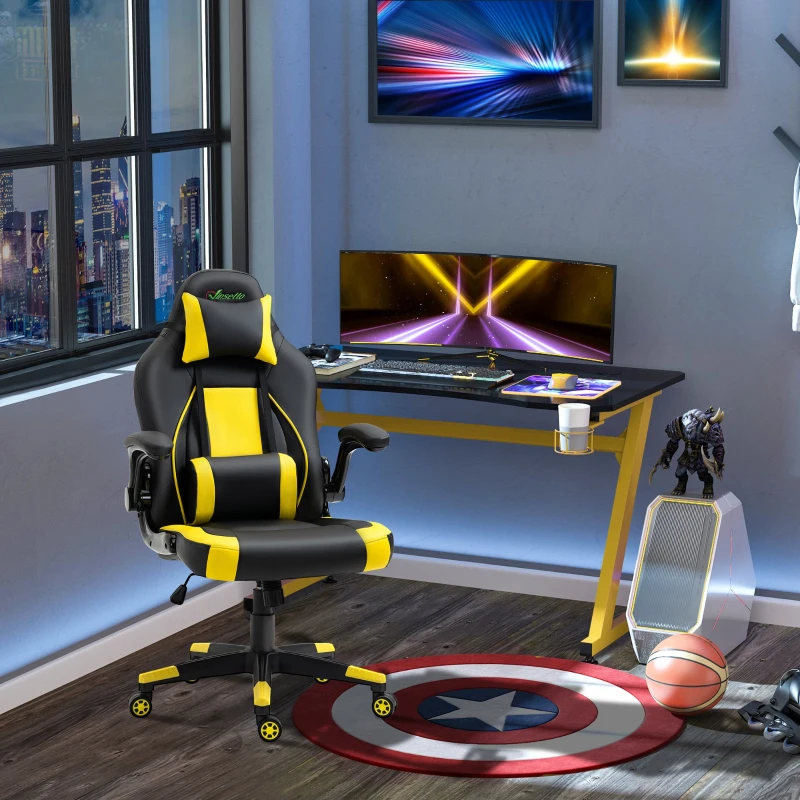 Vinsetto Fauteuil gamer chaise gaming style baquet racing fauteuil pivotant 360° basculant accoudoirs rembourrés relevables coussin lombaire tétière amovibles inclus revêtement synthétique noir jaune