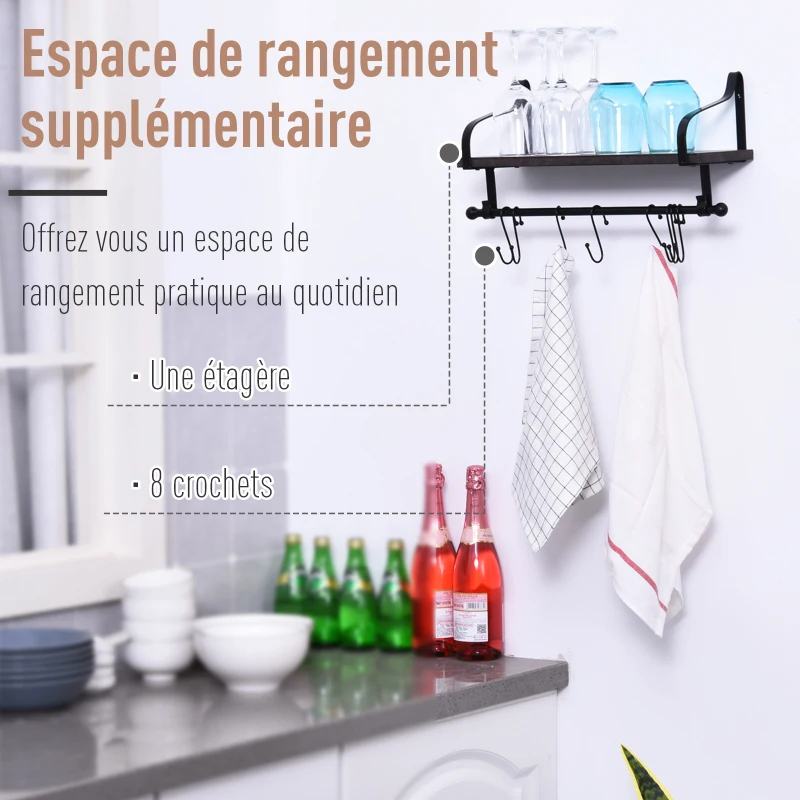 HOMCOM Étagère murale flottante en bois de sapin et métal - étagère de cuisine à ustensiles - 8 crochets amovibles - gris noir