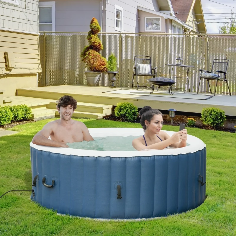 Outsunny Spa Gonflable Rond 4 Personnes Ø 1,80 x 0,65H m - 800 litres 100 Jets de Massage - Fonctions Chauffage Filtration - Liner PVC Blanc Bleu
