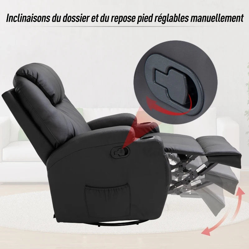 HOMCOM Fauteuil de massage relaxation électrique chauffant inclinable pivotant 360° avec repose-pied ajustable revêtement synthétique noir