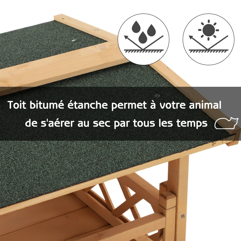 PawHut Maison lodge pour chats sauvage errants - niche villa avec terrasse, escalier, toit pour chien chat - 77 x 50 x 73 cm - naturel et vert