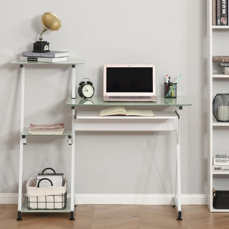 HOMCOM Bureau informatique design contemporain plateau + 3 étagères verre plateau clavier châssis métal blanc