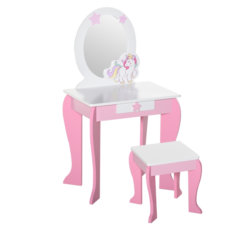 Coiffeuse enfant design licorne - tabouret inclus - tiroir, miroir - MDF rose blanc