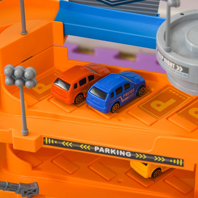 HOMCOM Garage Parking Voitures Enfant - 3 Niveaux, 6 Voitures, Ascenseur, rampes en Spirale, 15 Places stationnement - PP ABS Orange Gris Bleu