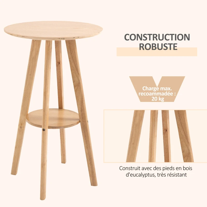 HOMCOM Table de Bar Ronde Style Naturel Chic - étagère intégré - Ø60 x 100 cm - Bois Massif Eucalyptus contreplaqué