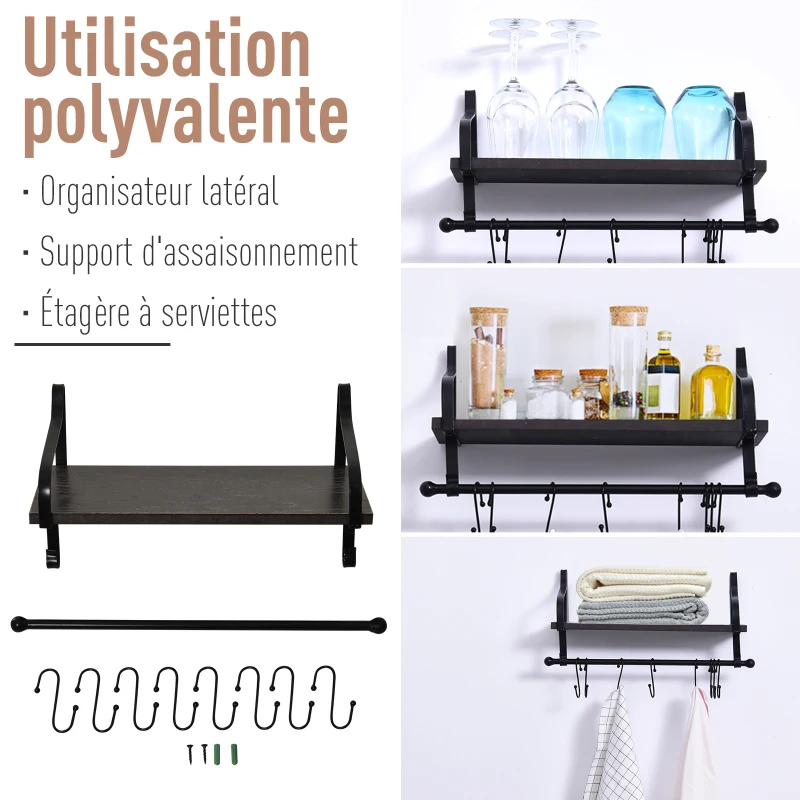 HOMCOM Étagère murale flottante en bois de sapin et métal - étagère de cuisine à ustensiles - 8 crochets amovibles - gris noir