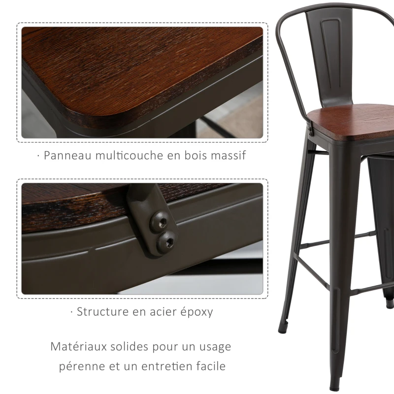 HOMCOM Lot de 4 tabourets de Bar Industriel avec Dossier Repose-Pied Hauteur Assise 76 cm métal café foncé Panneaux Multicouches Imitation Bois chêne foncé