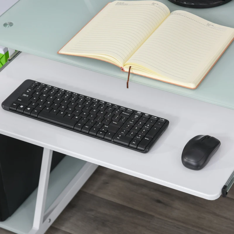 HOMCOM Bureau informatique design contemporain plateau + 3 étagères verre plateau clavier châssis métal blanc