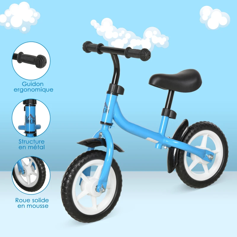 HOMCOM Draisienne enfant vélo sans pédales pour enfants de 3 à 6 ans selle hauteur réglable 35 Kg Max. structure en métal  71 x 32 x 56 cm bleu ciel