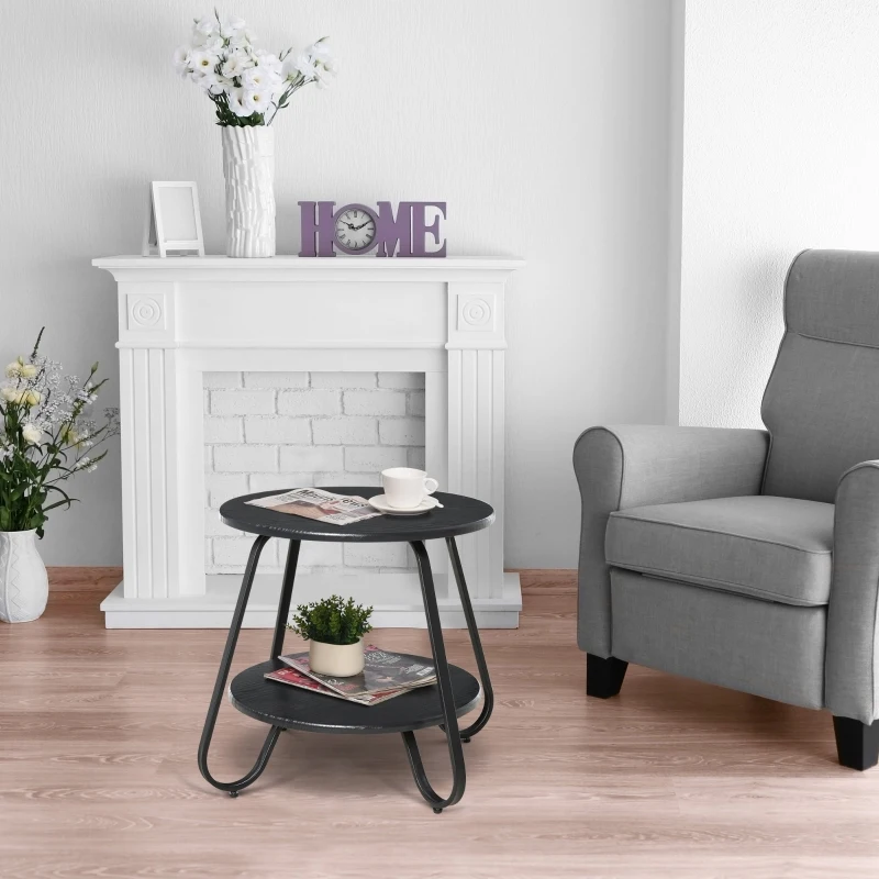 Table basse bout de canapé design néo-rétro 2 niveaux métal aspect bois