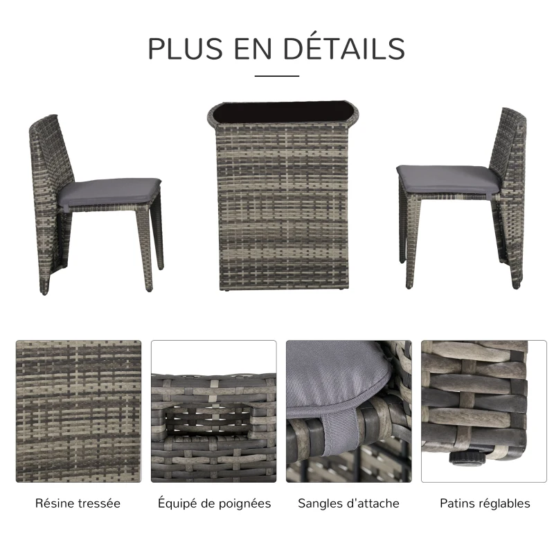 Outsunny Ensemble salon de jardin encastrable 3 pièces plateau table verre trempé + lot de 2 chaises coussins résine tressée grise
