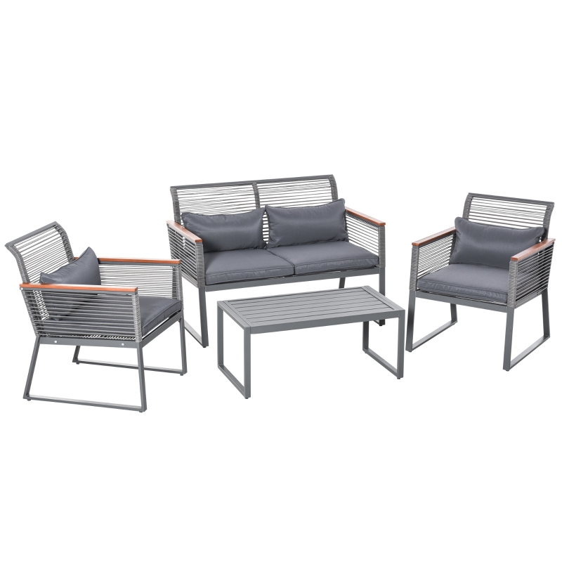 Salon de jardin style yachting 4 places table basse acier époxy coussins gris