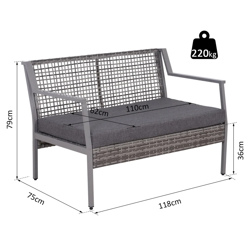 Outsunny Banc de jardin design contemporain 2 places dim. 118L x 75l x 79H cm coussin inclus alu. résine tressée polyester gris