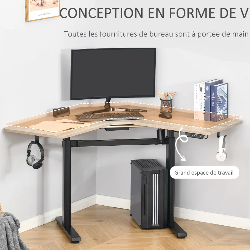 Vinsetto Bureau assis-debout électrique bureau d'angle réglable en hauteur panneaux de particules alu 167 x 101 x 72-122 cm bois naturel et noir