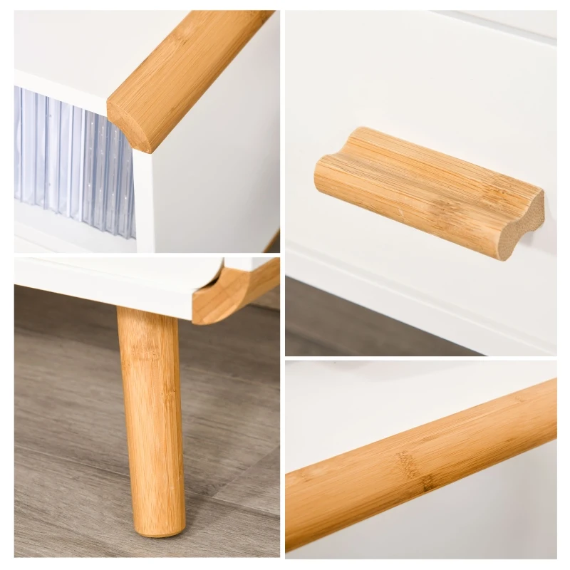 HOMCOM Meuble TV Bas sur Pieds Style scandinave 2 niches 2 tiroirs MDF Blanc Bois Massif Bambou