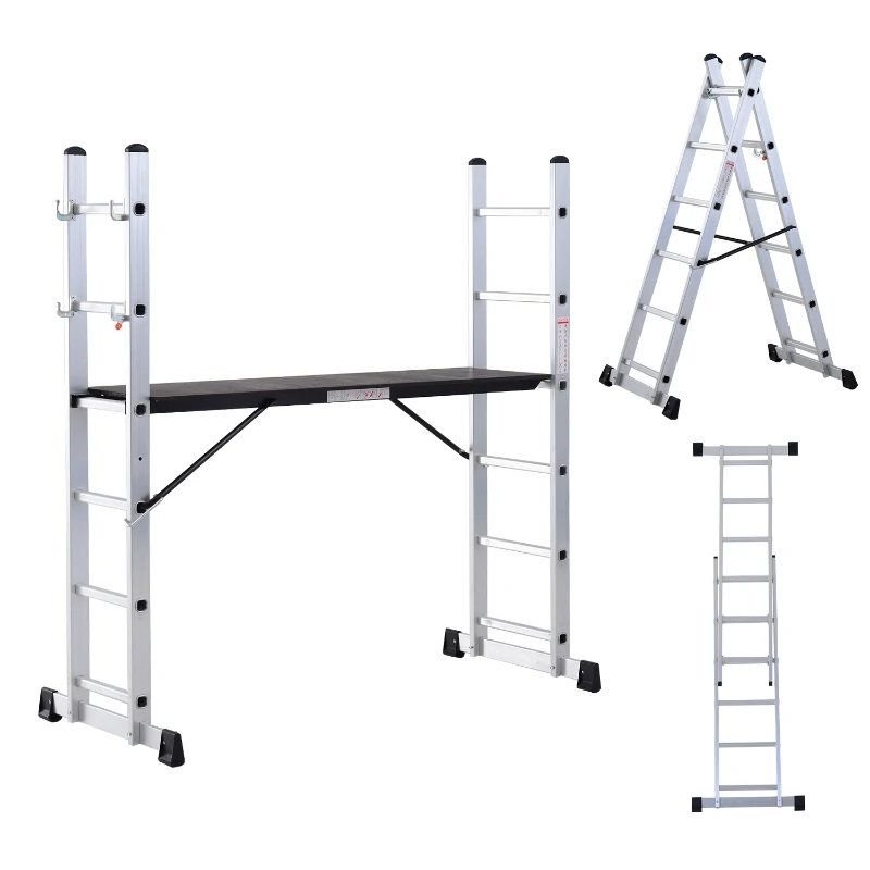 HOMCOM Echafaudage avec plateforme échelle escabeau double 3 en 1 certification NF EN131 charge max. 150 Kg aluminium