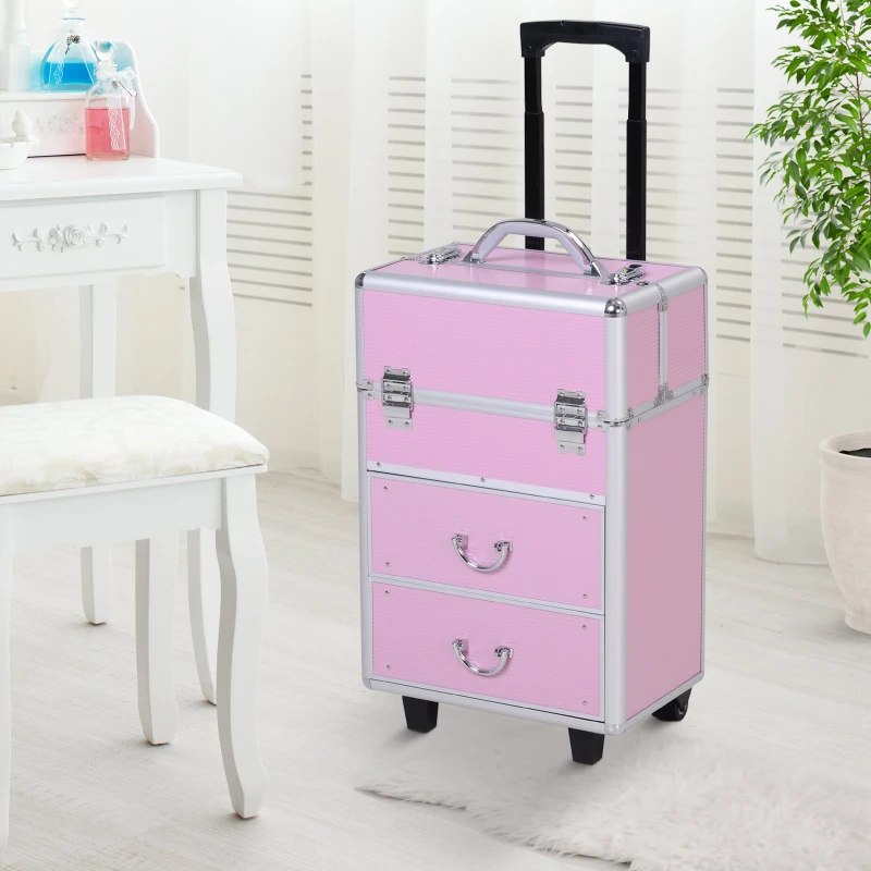 HOMCOM Valise trolley maquillage malette cosmétique vanity poignée télescopique réglable 36L x 23l x 58H cm alu rose