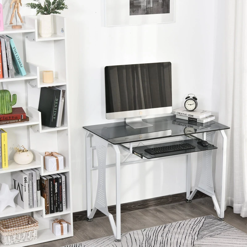 HOMCOM Table Informatique Bureau pour Ordinateur avec Clavier Coulissant Plateau Verre Trempé 100 x 54,5 x 75 cm Gris et Blanc