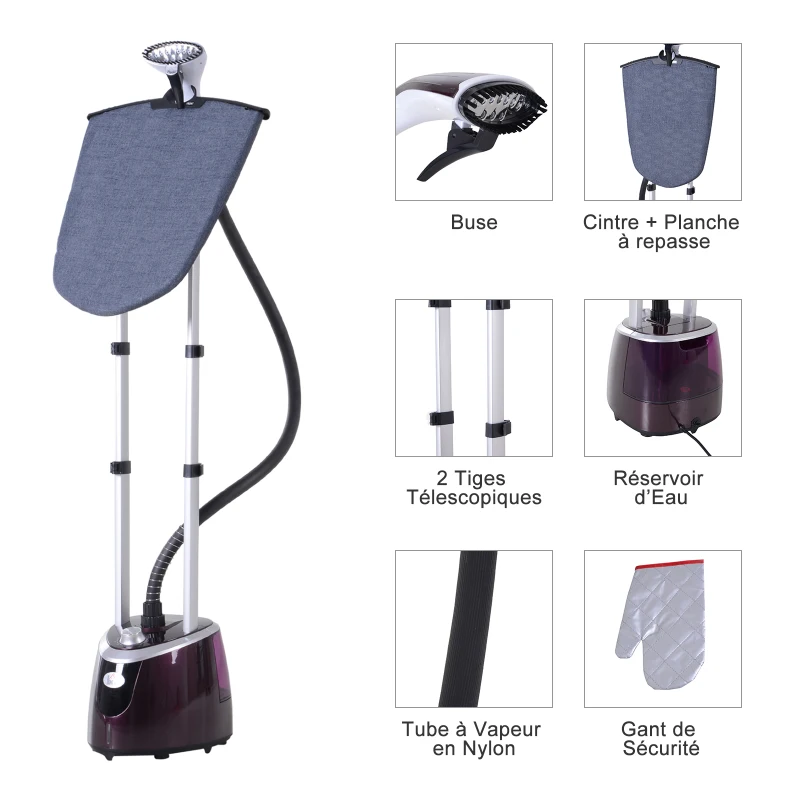 HOMCOM Défroisseur à vêtements 1800 W planche à repasser intégrée réservoir d'eau 2,8 L tige telescopique gant + cintre fournis violet